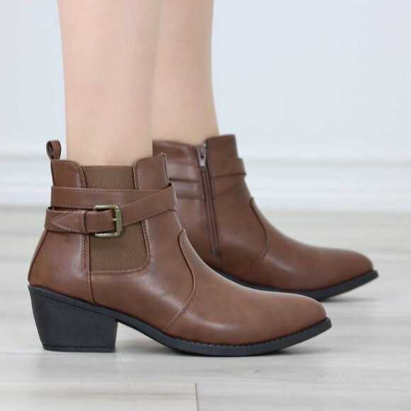 Brown Ankle Boots Buckle Strap Faux Leather Low Block Heel Side Zip - Picture 4 of 14